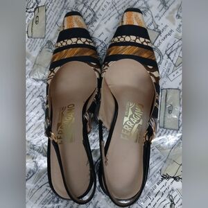 Salvatore Ferragamo Women's Black and Tan Heels